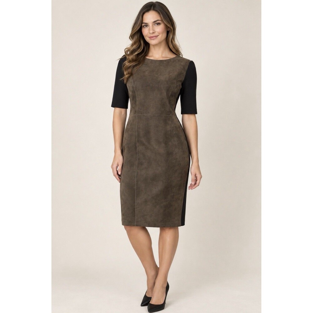 Elie Tahari Emily Lamb Suede Leather Mixed Media Sheath Dress Size 6
